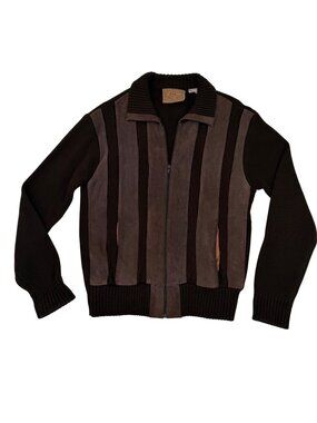 VINTAGE LANDMARK MEN'S BROWN SUEDE & KNIT ZIP-UP SWEATER JACKET - M